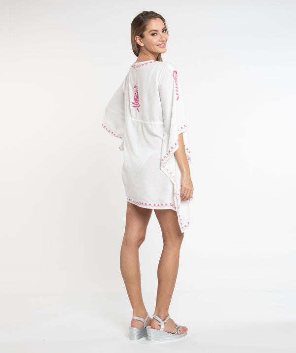 White/Pink Two Tone Embroidered Cover up with Drawstring Waist