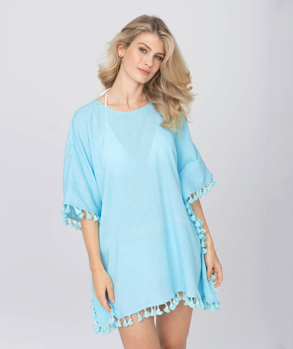 Pale Turquoise Cotton Poncho Style Beach Coverup with Fringes.