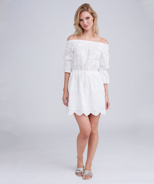 White Off-The-Shoulder Beach Dress with Scalloped Hemline