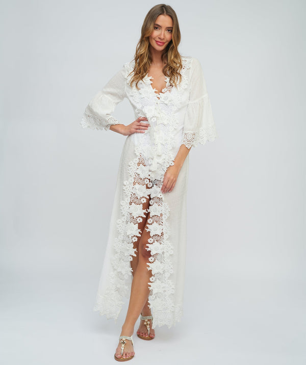 White Embroidered Lace Maxi Kimono Cover-up