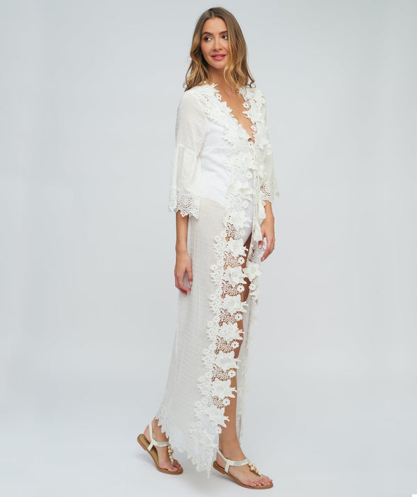 White Embroidered Lace Maxi Kimono Cover-up