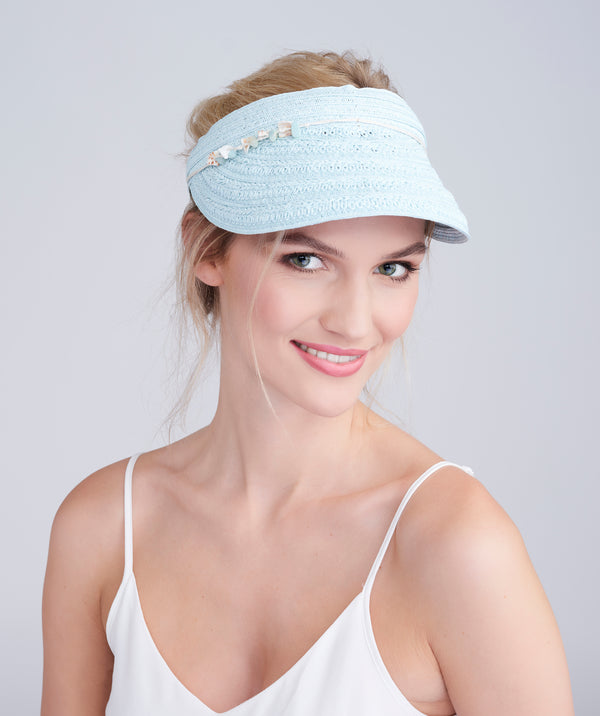 Turquoise Straw Visor with Shell Bead Embellishment