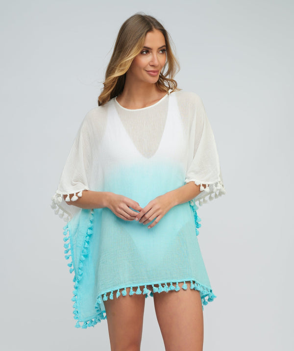 Turquoise Dip Dye Cotton Beach Cover-up