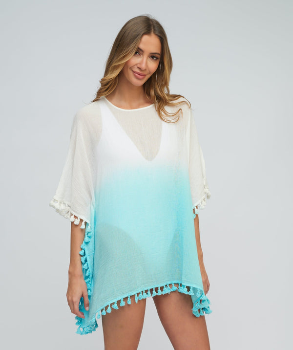 Turquoise Dip Dye Cotton Beach Cover-up