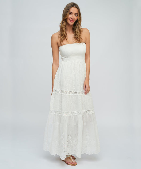 White Cotton Lace Bandeau Maxi Beach Dress