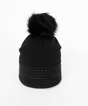 Beaded Beanie Hat with Pom Pom - Black