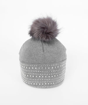 Beaded Beanie Hat with Pom Pom - Silver Grey