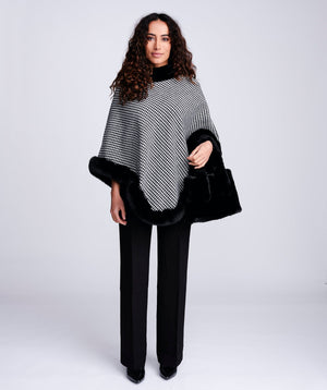 Black and White Houndstooth Poncho with Faux Fur Trim