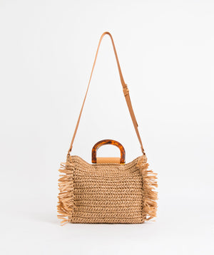 Natural Straw Bag with Adjustable Strap and Tortoiseshell Handle