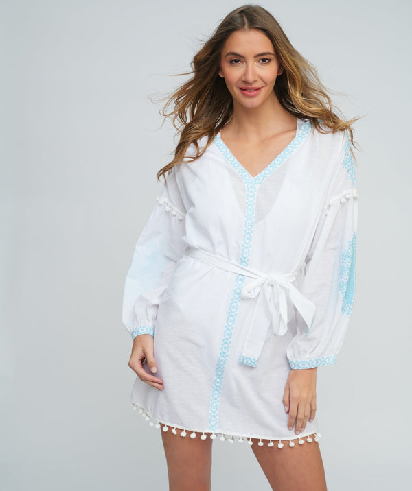 White Cotton Tunic with Blue Embroidery and Tie Belt