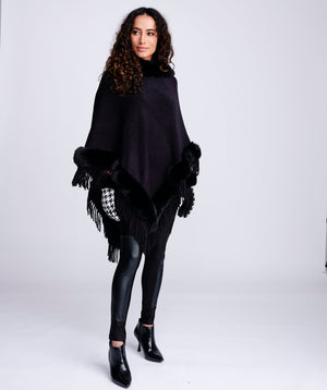 Black Winter Poncho with Luxe Faux Fur Trim and Tassel Fringe