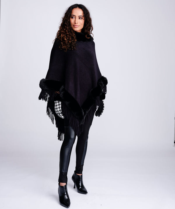 Black Winter Poncho with Luxe Faux Fur Trim and Tassel Fringe