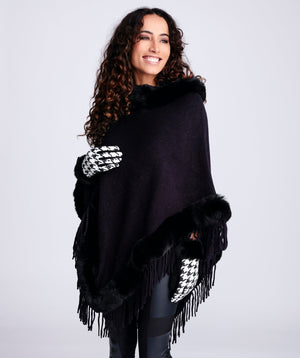 Black Winter Poncho with Luxe Faux Fur Trim and Tassel Fringe