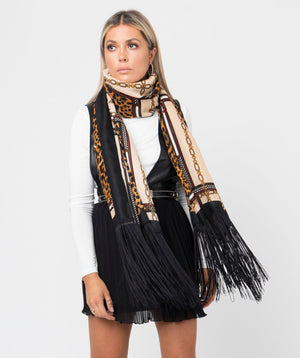 Long Fringed Chain Links Scarf - Black/Camel