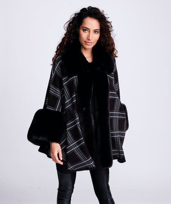 Black Check Wrap with Fur Trim and Â¾ Sleeves