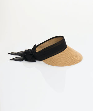 Black Straw Roll-Up Visor with Chiffon Tie