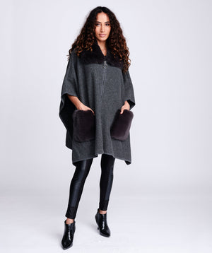 Grey Check Cape with Faux Fur Trim and Zipper