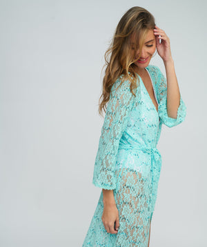 Turquoise Sequin Lace Kimono with Tie Belt