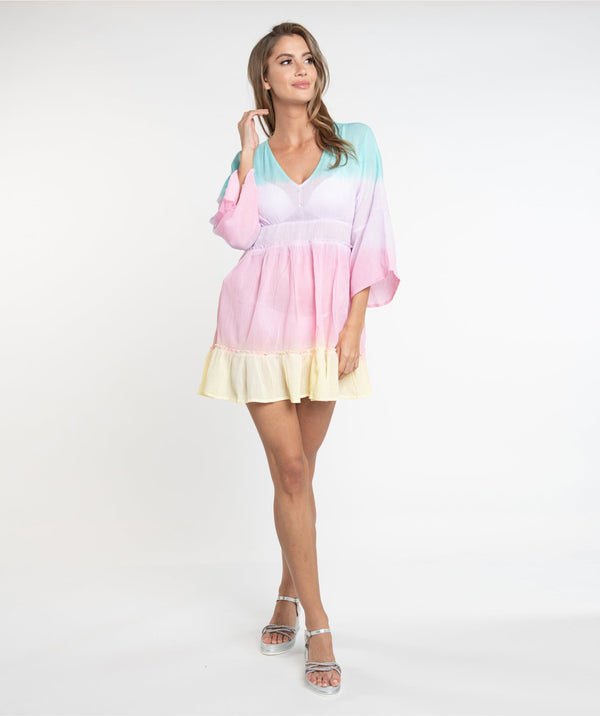 Pastel Rainbow Ombre Dress with Bell Sleeves