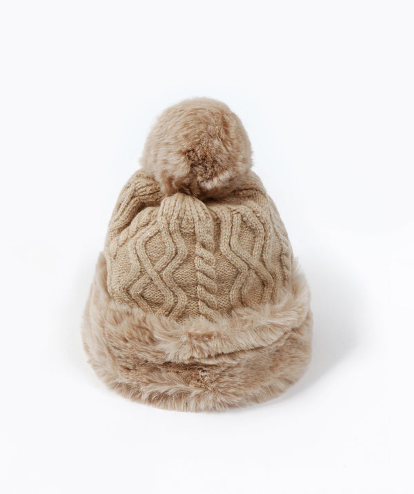 Faux Fur Pom Hat - Almond