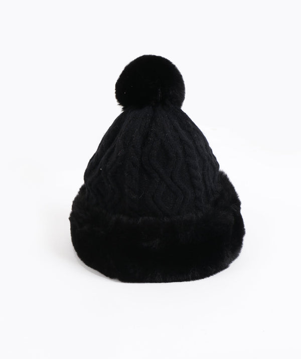 Faux Fur Pom Hat - Black