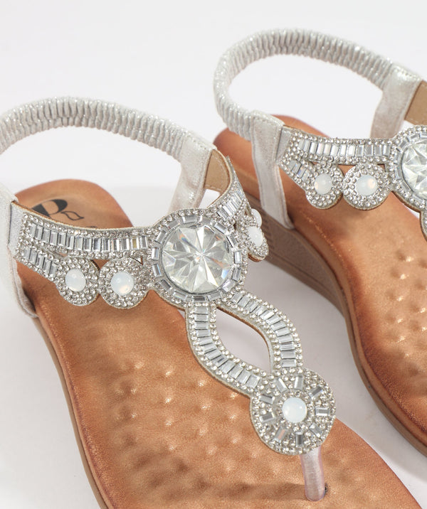 Silver Embellished Jewel Sandal with Wedged Heel