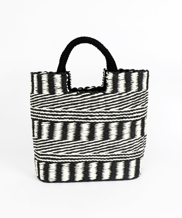 Black and White Lined Straw Tote Bag with Twin Top Handles