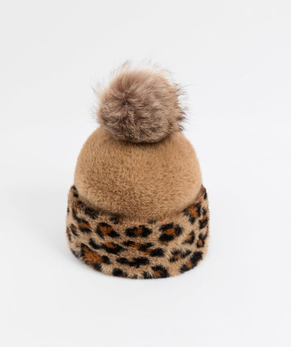 Leopard Print Pom Hat - Camel