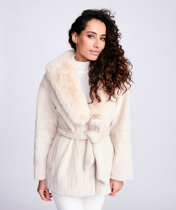 Faux Fur Belted Coat - Cream