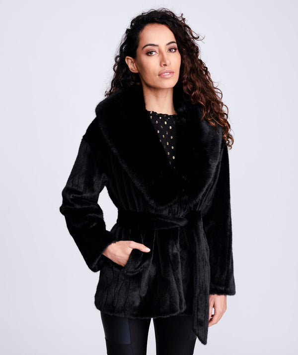 Faux Fur Belted Coat - Black