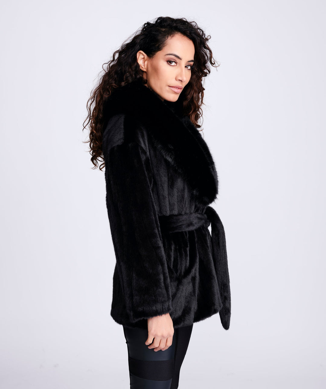 Faux Fur Belted Coat - Black