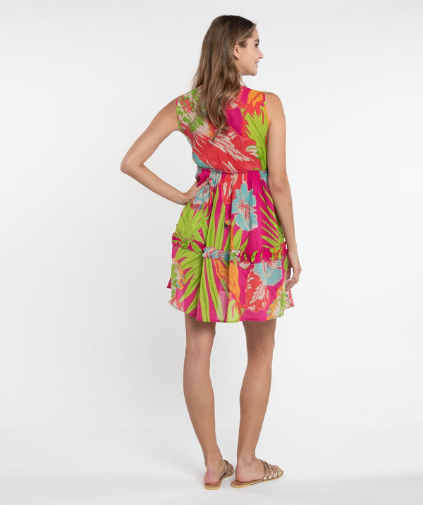 Fuchsia Tropical Toucan Print Midi Dress with Tassel Drawstring