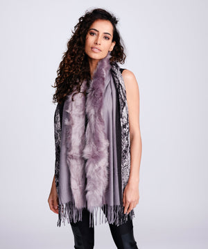 Silver Grey Python Print Scarf with Faux Fur Trim