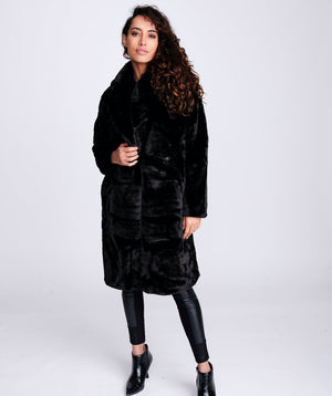 Women`s Midi Faux Fur Coat - Black