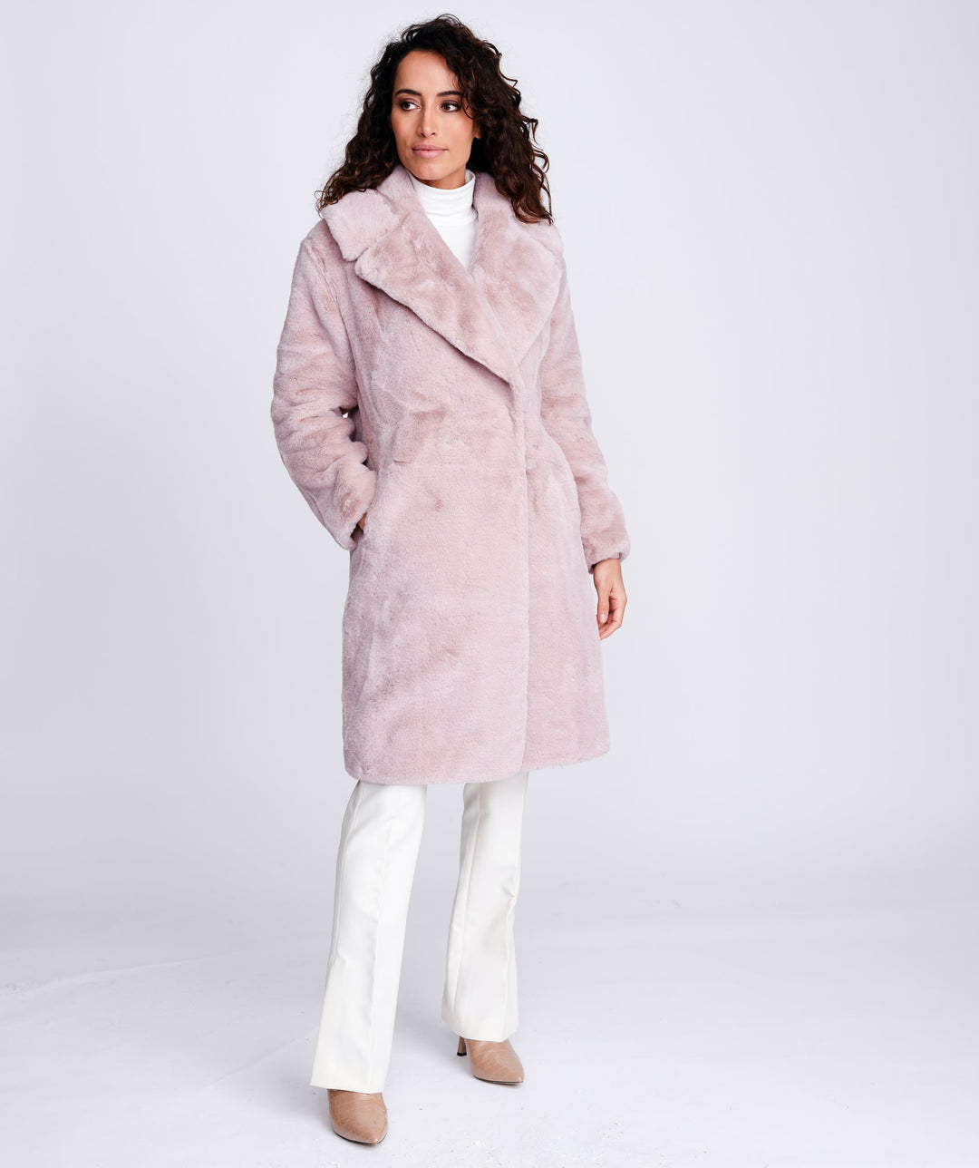 Women`s Midi Faux Fur Coat - Dusty Pink