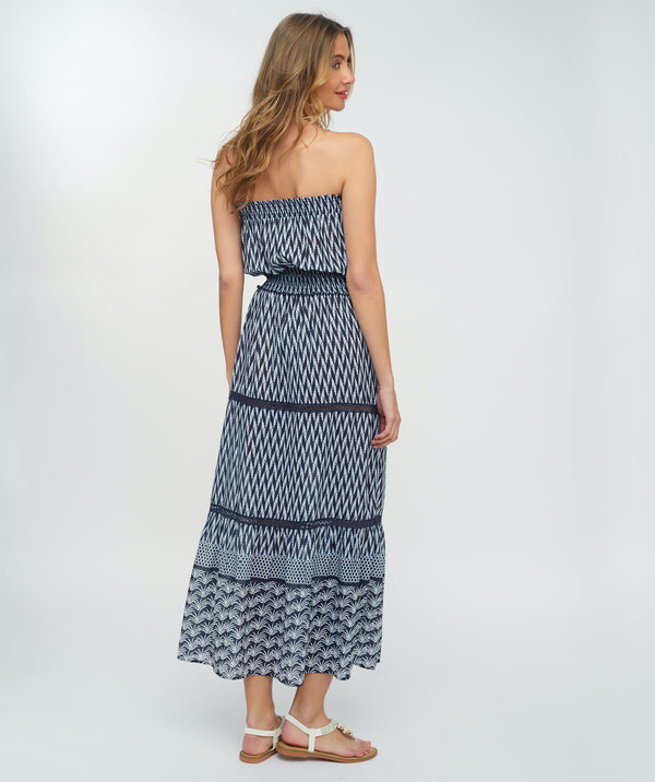 Navy and White Nautical Print Maxi Dress with Perforated Lace Details