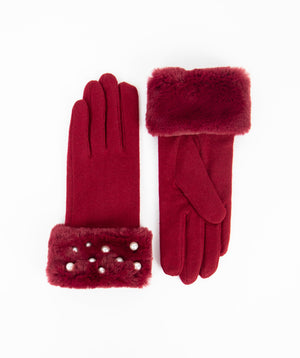 Pearl Studded Faux Fur Cuff Glove - Burgundy