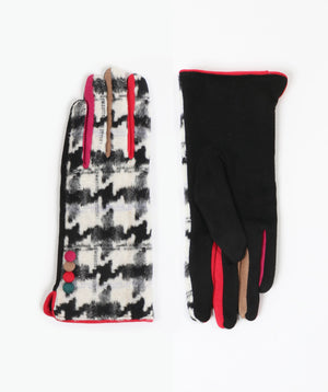 Houndstooth Gloves with Coloured Fingers - Black & White