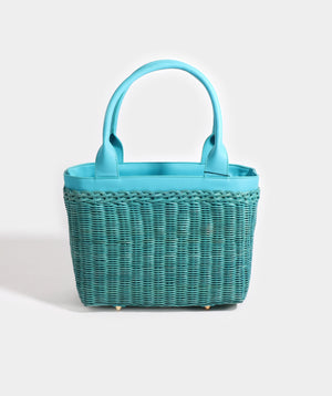 Turquoise Rattan Woven Bag with Twin Handles and Zip Closure