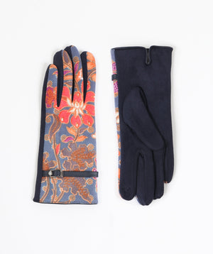 Women`s Floral Print Gloves - Navy