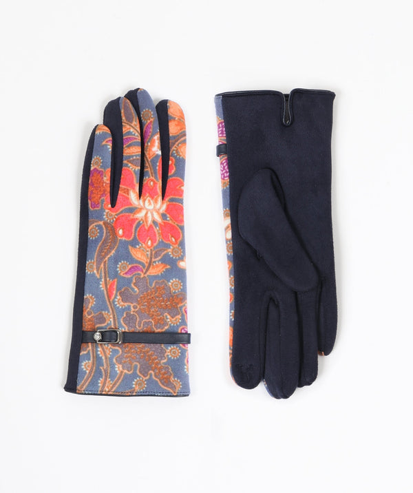 Women`s Floral Print Gloves - Navy