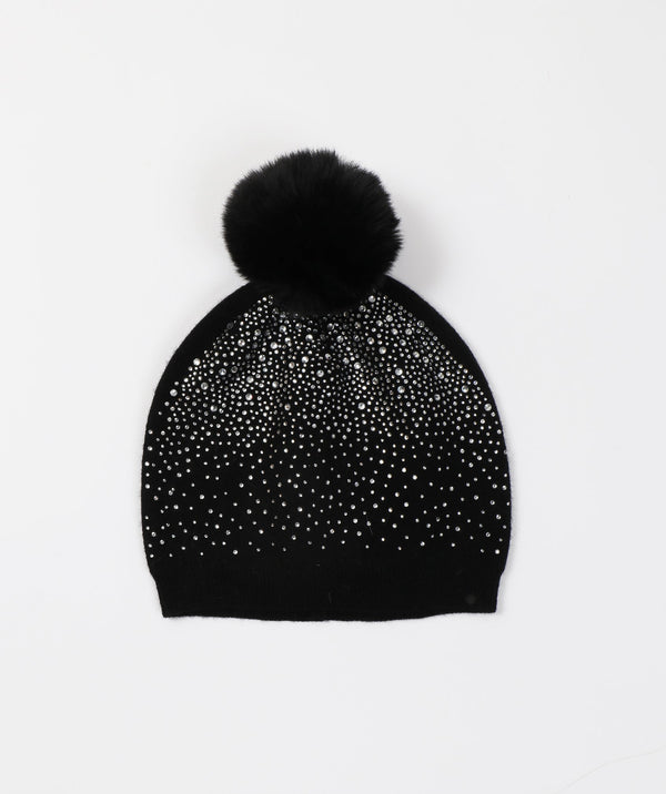 Black Crystal Embellished Pom Pom Hat