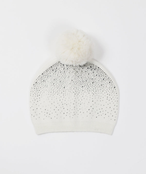 Crystal Embellished Pom Pom Hat - White