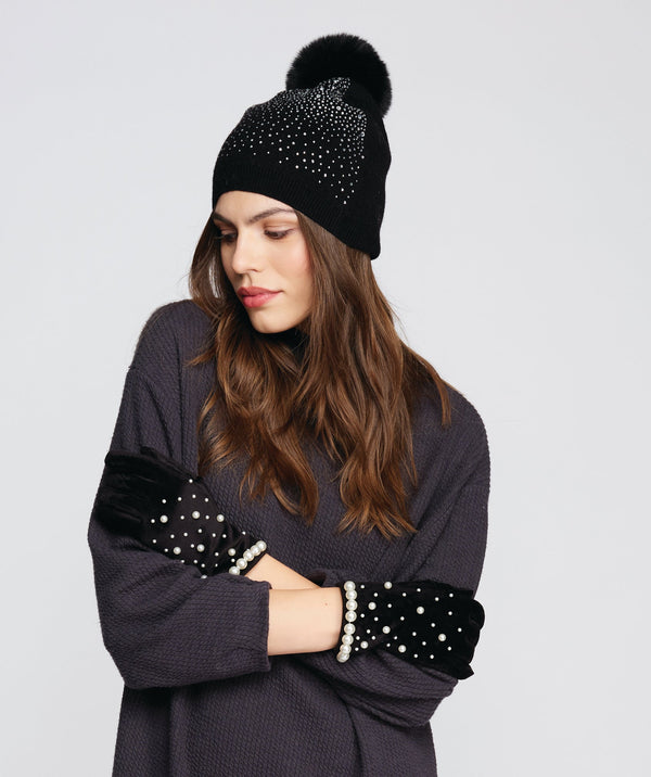 Crystal Embellished Pom Pom Hat - Black