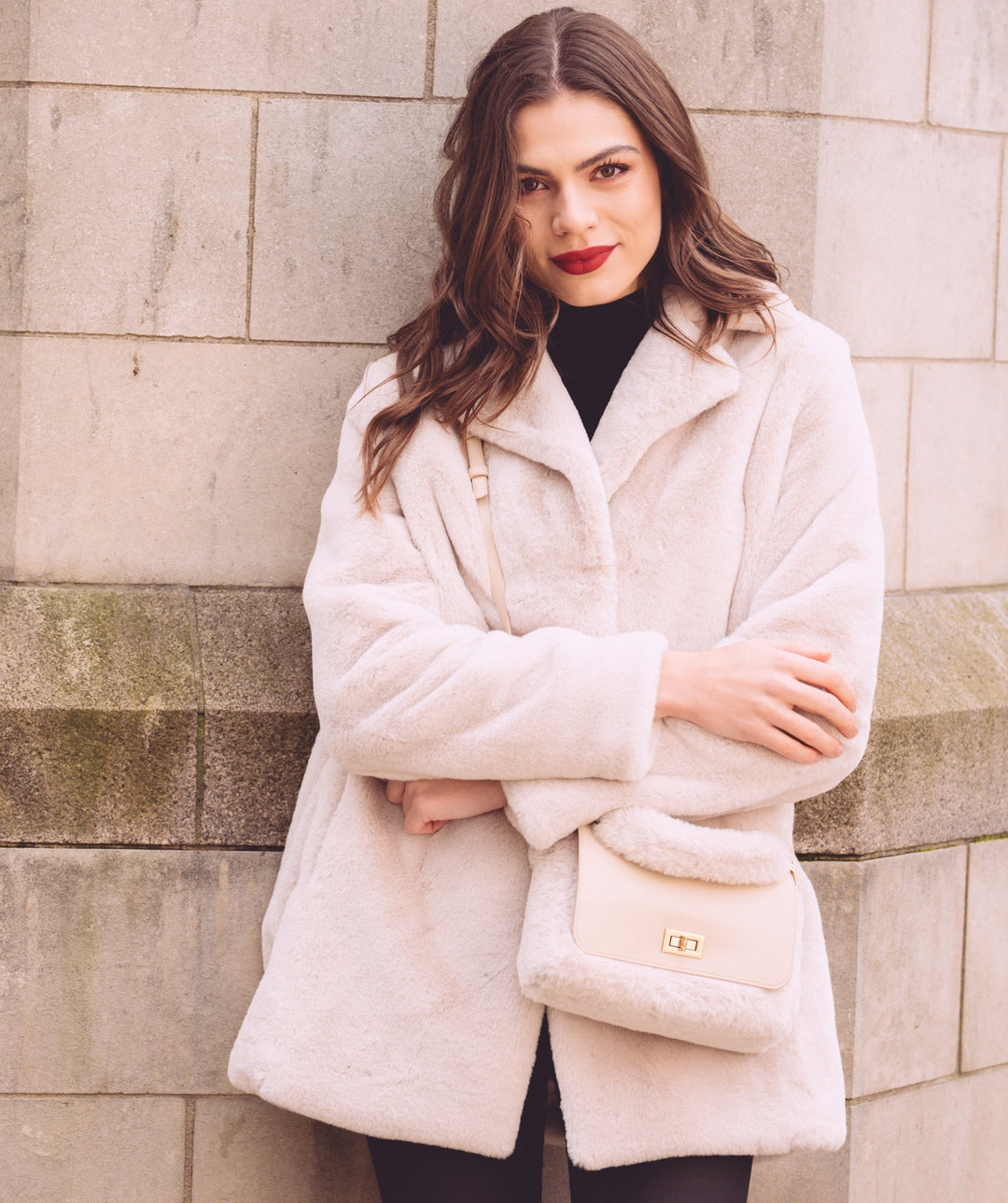 Women`s Faux Fur Coat - Cream