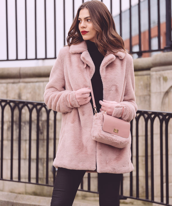 Women`s Faux Fur Coat - Dusty Pink