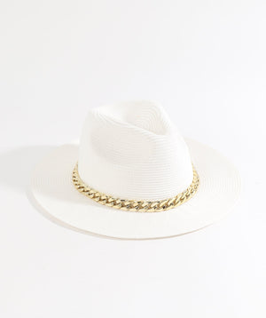 White Paper Straw Fedora with Gold Metal Chain Embellishment