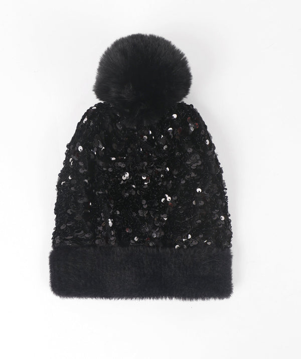 Sequin Pom Pom Hat - Black