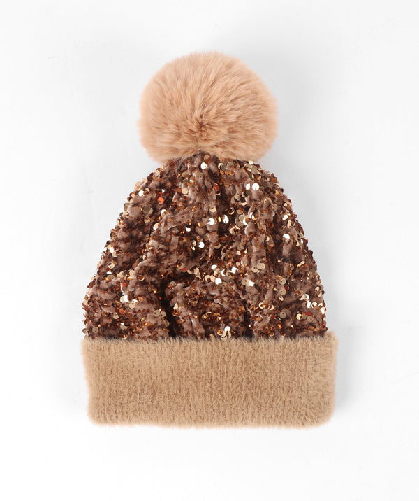 Sequin Pom Pom Hat - Gold