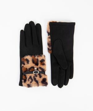 Leopard Print Faux Fur Cuff Gloves - Leopard